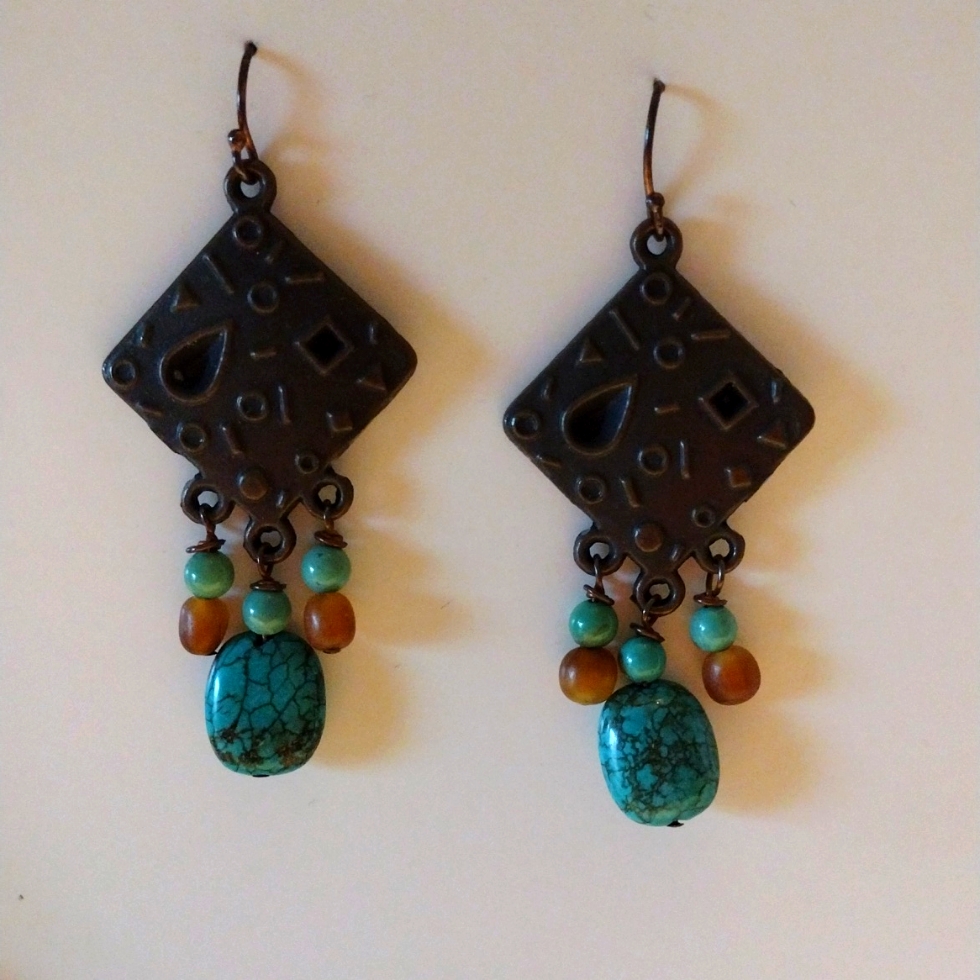Beautiful Bronze Color Earrings With Dangling Turquoise.